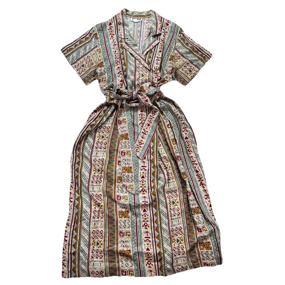 Vintage VIRGO II 80s Geometric Tribal Print Fit & Flare Belted Midi Dress